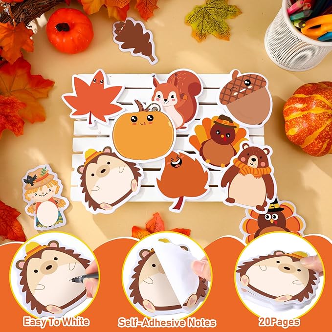 Zhanmai 1200 Pcs Thanksgiving Fall Sticky Notes Bulks Thanksgiving Memo Notepads Turkey Pumpkin Squirrel Maple Leaf Sticky Notes Fall Self-Stick Pads Autumn Gifts