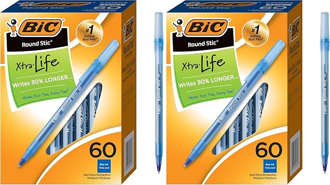 BIC Round Stic Xtra Life Blue Ballpoint Pens, Medium Point (1.0mm), 60-Count Pack of Bulk Pens, Flexible Round Barrel for Writing Comfort, No. 1 Selling Ballpoint Pens (Pack of 2)
