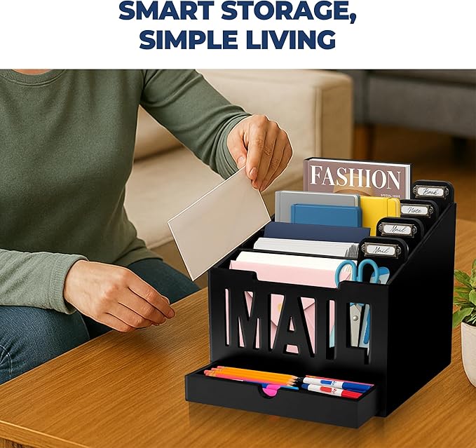 Mail Organizer Countertop – Black Holder for Desk with 4 Slots, Drawer & Label Tags, Decorative Desktop Sorter, Envelope Tray for Home Office Organization (11x7x9.5 in)