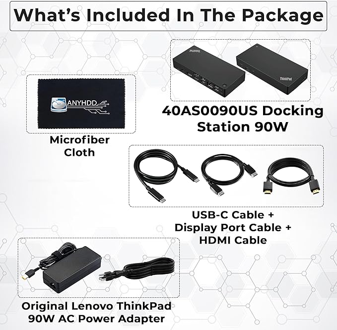 40AS0090US Lenovo Thinkpad Docking Station Gen 2-1 Year Warranty, Lenovo Docking Station for Laptop with 90W Adapter, HDMI, USB-C, DisplayPort Cables & Cloth - Universal Thunderbolt 3 Dock