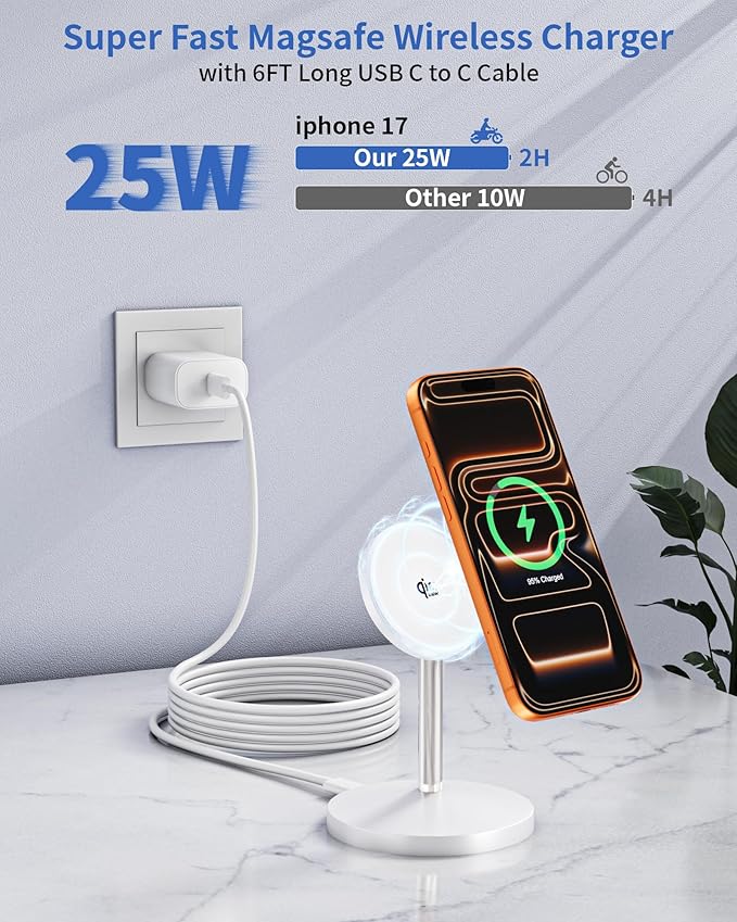 Magnetic Wireless Charger Stand, 25W Fast Mag Safe Charger [Qi2.2 Certified] iPhone Stand, 6FT Magnet Wireless Charging Station/Pad for iPhone 17 Air 17 Pro 17 Pro Max 16 15 14 13 12,AirPods Pro 2/3/4