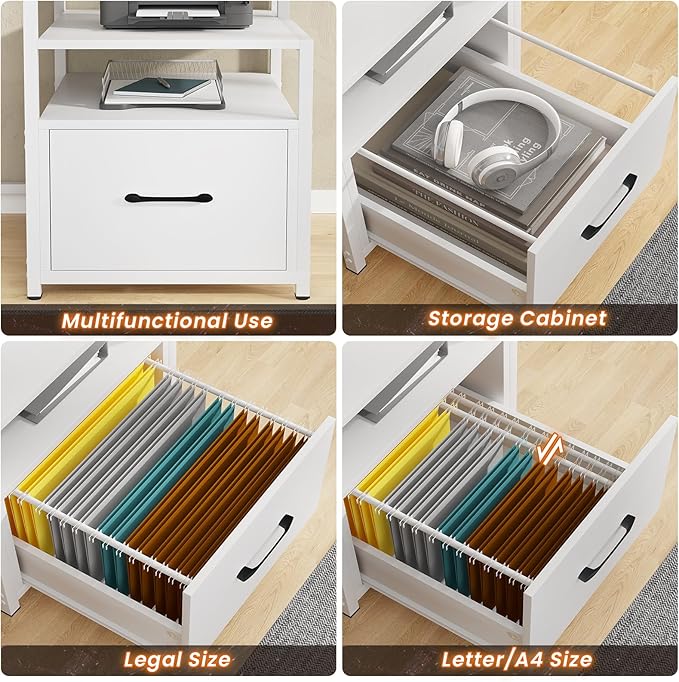 SEDETA White Computer Desk with 5 Drawer & Power Outlet, 66'' Home Office Desk with File Drawer, Storage Shelves, Printer Cabinet and Monitor Shelf, Gaming Desk with Led Lights