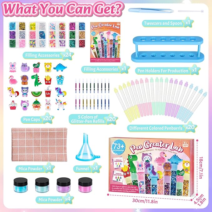 Subao 73+ DIY Glitter Gel Pens Making Kit,Pen Creator Studio,Make Your Own 20 Sparkly Colorful Pens,Creative Arts and Crafts for Kids,Birthday Christmas Gifts for Girls 5 6 7 8 9 10 11 12 Years Old