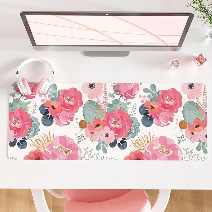 QIYI Large Mouse Pad, Pink Floral Desk Mat for Desktop, Women Girls PU Leather Waterproof Gaming Mousepad, Computer Laptop Desk Accessories Protector Writing Pads for School Office Home 31.5" x 11.8"