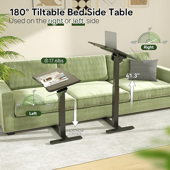 Rolling Laptop Desk, Mobile Standing Desk Height Adjustable, 180° Tiltable Overbed Bedside Table, Portable Computer Desk with Lockable Wheels, Foldable Laptop Cart for Home Office, Black