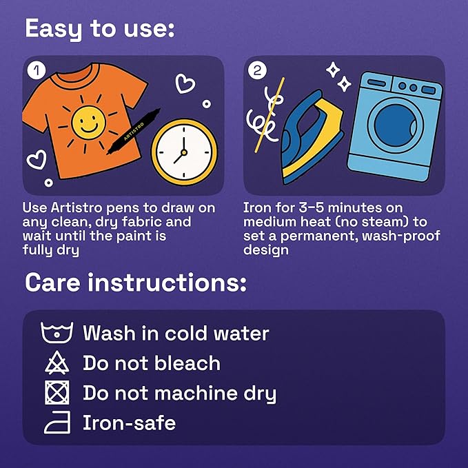 ARTISTRO 24 Dual-Tip Fabric Markers - Fabric Decorating Kit - Permanent for Clothes - Acrylic Paint Pens for Sneakers, Bags, Shoes, Textile, Canvas, Sewing, Craft, DIY - Brush and Fine Tip