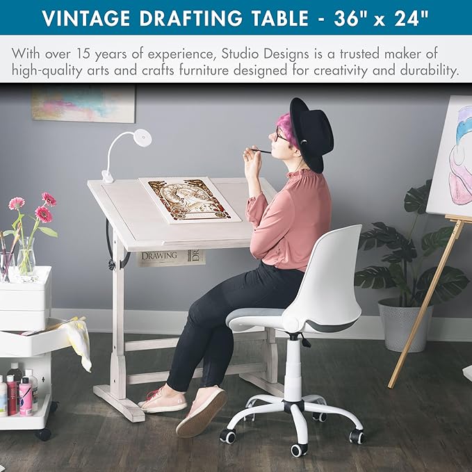 Studio Designs Vintage Drawing/Drafting Table with Pencil Ledge - 36" W x 24" D - Coastal Whitewash - Adjustable Tilting Top