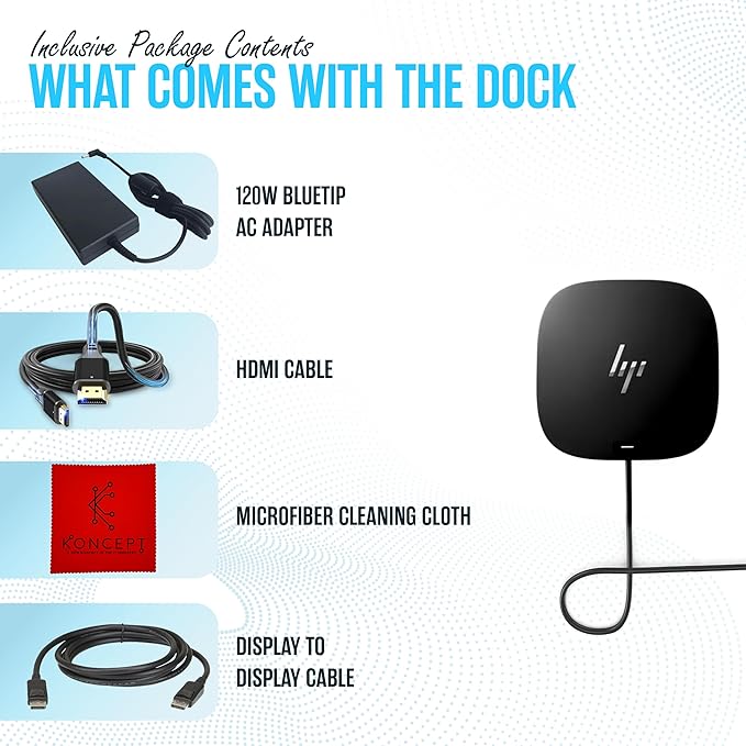 HP Docking Station for Laptop Dual Monitor and Charging - 5TW10AA / 5TW10UT / 5TW10AA#ABB USB-C G5 Dock with 120W AC Adap TER + HDMI Cable + DisplayPort Cable + Cleaning Cloth (Renewed)