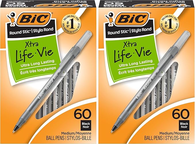 BIC Round Stic Xtra Life Ballpoint Pens, Medium Point (1.0mm), Black, 60-Count Pack, Flexible Round Barrel For Writing Comfort (GSM609-BLK) (Pack of 2)