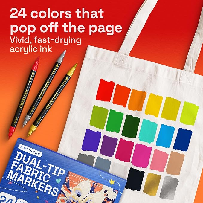 ARTISTRO 24 Dual-Tip Fabric Markers - Fabric Decorating Kit - Permanent for Clothes - Acrylic Paint Pens for Sneakers, Bags, Shoes, Textile, Canvas, Sewing, Craft, DIY - Brush and Fine Tip