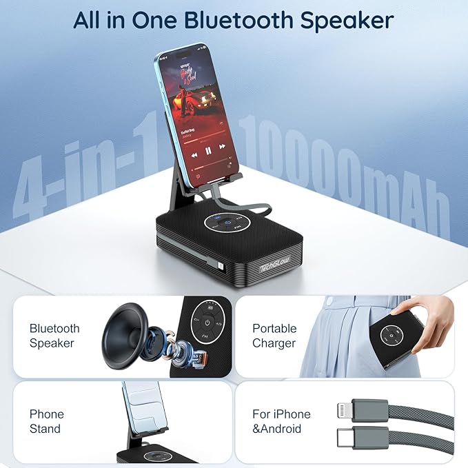 TechGlow Foldable Cellphone Stand with Bluetooth Speaker and Charging Function Built-in Cables Birthday Gifts for Men Women Mother Father Boy Girl Teens Stocking Stuffers for Adults
