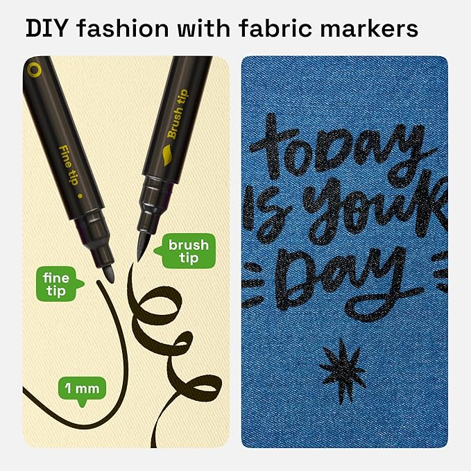ARTISTRO 2 Black Dual-Tip Fabric Markers - Fabric Decorating Kit - Permanent for Clothes - Acrylic Paint Pens for Sneakers, Bags, Shoes, Textile, Canvas, Sewing, Craft, DIY - Brush and Fine Tip